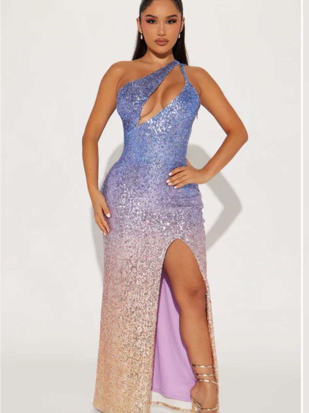 One-Shoulder Ombre Sequin Evening Gown in Lavender to Peach